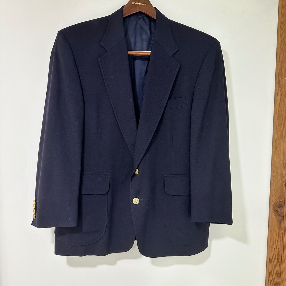 Lands End Men 42S Navy Blue Wool Blazer Sport Coat Gold Crest Buttons USA Made